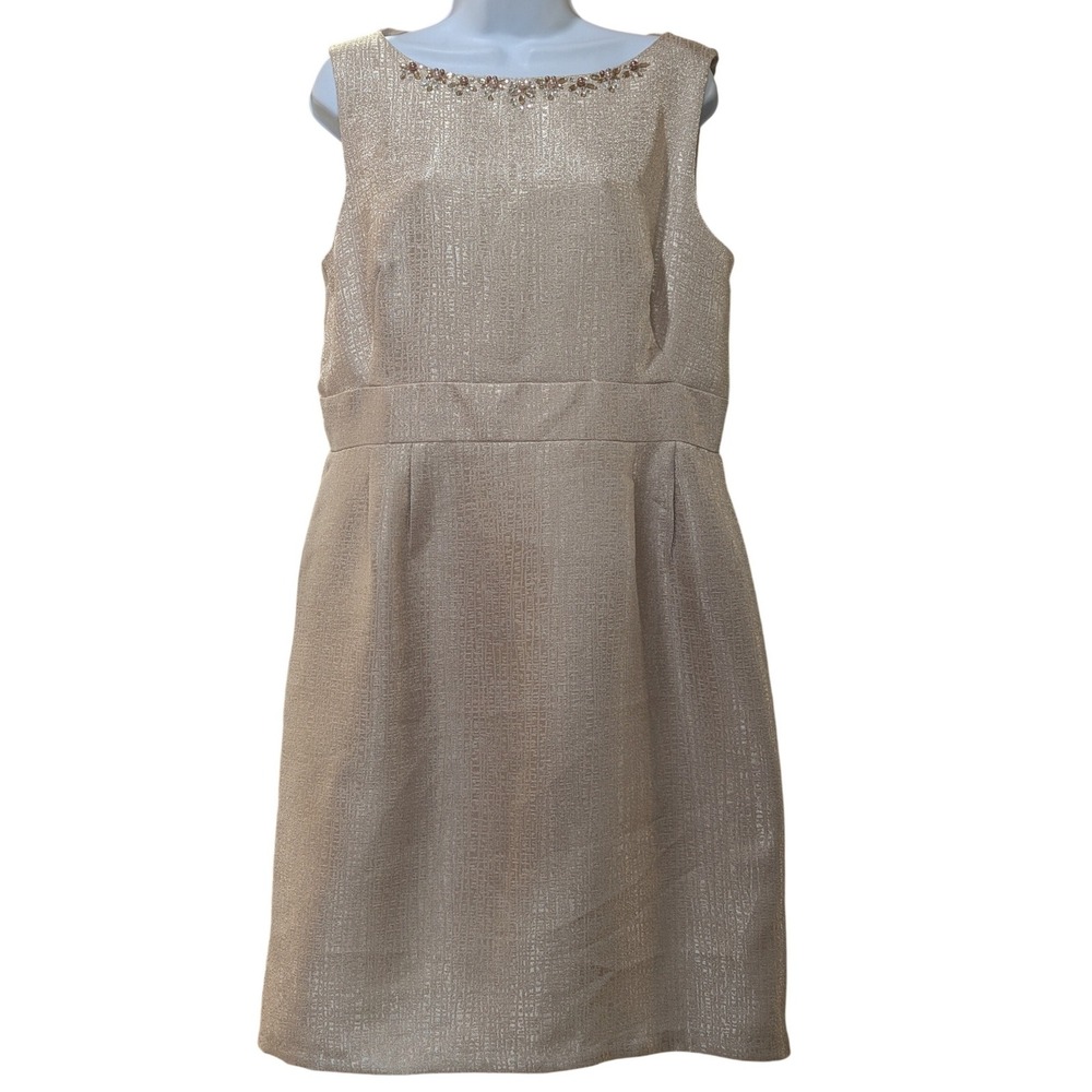 Tahari Arthur S Levine Champagne Shimmering Gold Metallic Beaded Sheath Dress 14